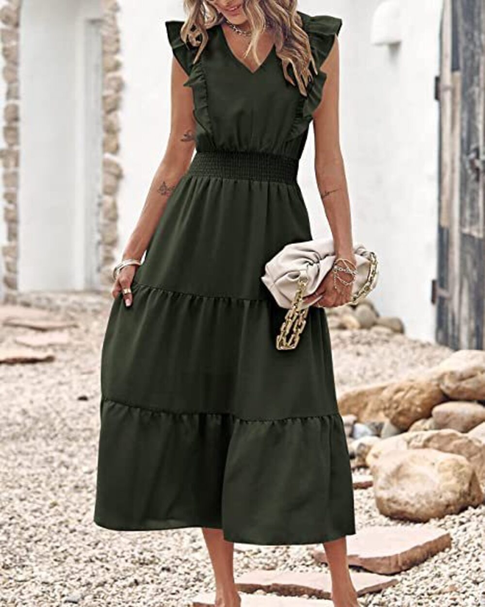 Women's Dark Green V-Neck Ruffle-Sleeve Tiered Maxi Dress - Picture 2 of 5